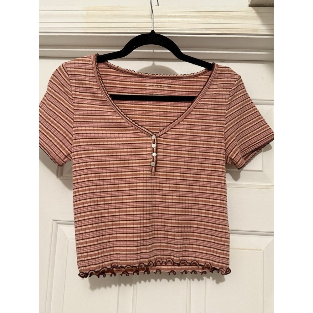 American Eagle Striped Ribbed Top Women’s Size Small Short Sleeve Y2K Soft Girl